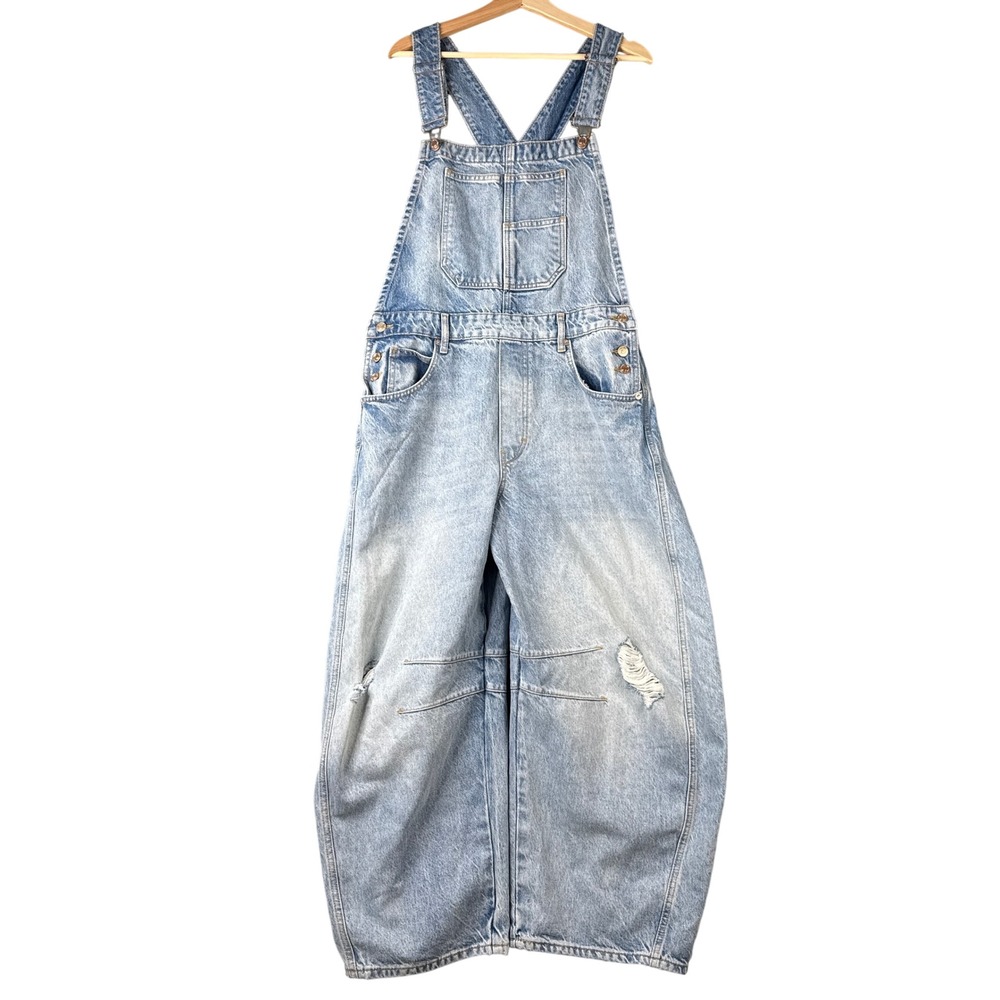 We The Free People Good Luck Barrel Overalls Light Wash Distressed Leg Large